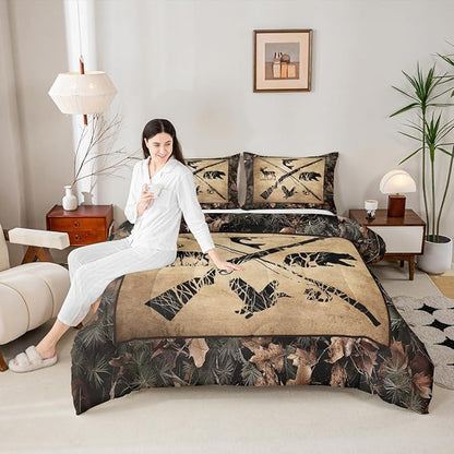 Erosebridal Hunting and Fishing Comforter Set Toddler Tree Branch Camo Bedding Set for Kids Boys Teen Men,Woodland Wildlife Bass Fish Duck Bear Deer Bed Comforter Set Rustic Farmhouse Cabin Quilt Set