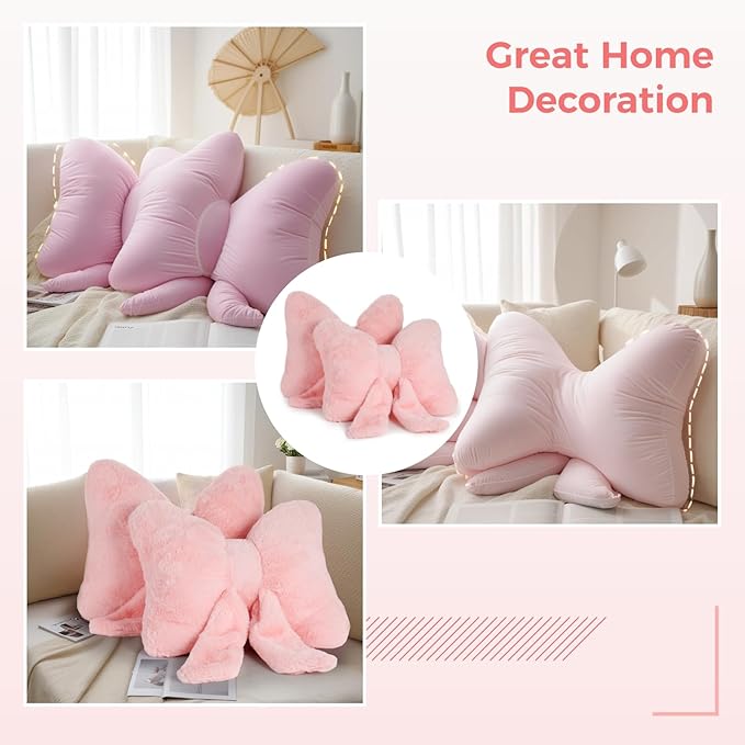 2 PCS Pink Bow Pillow, Soft Bow Decorative Pillows with Faux Fur, Cute 12" Bow Throw Pillows, Aesthetic Home Decor Bow Shaped Plush Pillow for Bedroom Sofa Couch