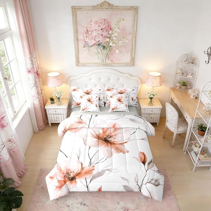 Erosebridal Boho Floral Queen Comforter Set with Sheets, Orange Flower 7 Pieces Bedding Set for Young Women Girls, Watercolor Flower Artistic Bed in A Bag, Ink Painting Style Blossom & Leaf Bed Sets