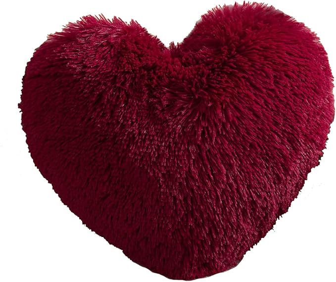 MorroMorn Fluffy Heart Throw Pillows, Shaggy Decorative Pillow for Sofa Couch Bed, Cute Room Decor Decorations for Women Girls Kids (Dark Red)