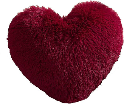 MorroMorn Fluffy Heart Throw Pillows, Shaggy Decorative Pillow for Sofa Couch Bed, Cute Room Decor Decorations for Women Girls Kids (Dark Red)