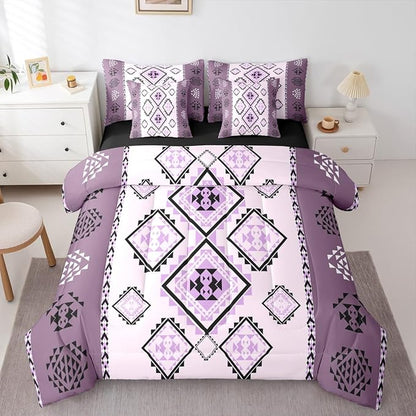Erosebridal Western Queen Comforter Set with Sheets 7 Piece Boho Aztec Bed in A Bag Exotic Native American Bedding Sets for Men Adults Ethnic Tribal Geometric Diamond Bed Set Rustic Purple Room Decor