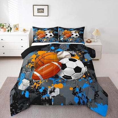 Feelyou Basketball Comforter Set King Size Baseball Comforter for Boys Girls Teens Football Bedding Set Sports Game Duvet Set Room Decor Balck Grey Blue Mixed Ball Quilt Set