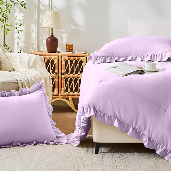 FUANNA Queen Comforter Set Lavender, 3 Pieces Ruffle Queen Bed Set, Fluffy Bed in a Bag Queen for All Seasons, Shabby Chic Bedding Comforter Sets with 1 Lightweight Comforter & 2 Pillowshams