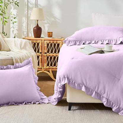 FUANNA King Size Comforter Set Lavender, 3 Pieces Ruffle King Bedding Set, Fluffy Farmhouse Bed in a Bag King with 1 Lightweight Comforter & 2 Pillowshams