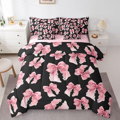 Erosebridal Black Pink Bow Girls Cute Y2K King 7-Piece Comforter Set | Bowknot Kawaii Sheets and Pillowcases Lace Princess Bed in A Bag Dreamy Bed Sets