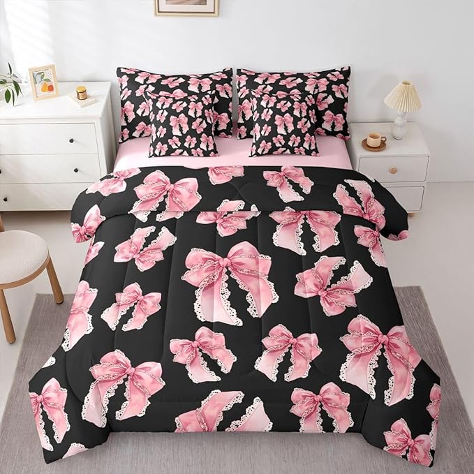 Erosebridal Black Pink Bow Girls Cute Y2K Comforter Set Queen Size 7 Pieces | Bowknot Kawaii Bed in A Bag Lace Princess Bed Set Dreamy Bedding