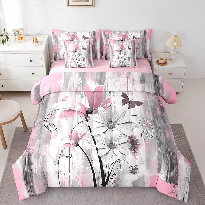 Feelyou Girls Daisy Flower Comforter Set with Sheets King Size 7 Pieces Kids Vintage Floral Butterfly Bedding Set for Boys Women Teens Pink Grey White Simple Modern Abstract Art Bed in a Bag