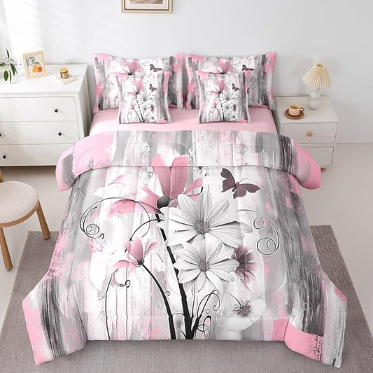 Feelyou Girls Daisy Flower Comforter Set with Sheets King Size 7 Pieces Kids Vintage Floral Butterfly Bedding Set for Boys Women Teens Pink Grey White Simple Modern Abstract Art Bed in a Bag