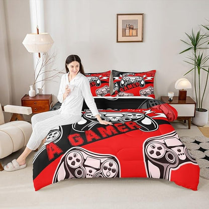 Erosebridal Gaming Comforter Sets for Boys Kids Gamer Comforter Set,Video Game Bedding Set Red Black Gamepad Quilt Duvet Set Men Boys Bedroom Decor,King Size 3Pcs