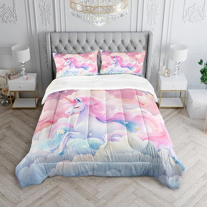 Kid Unicorn Comforter Set Queen Size 3Pcs Pink Galaxy Bedding Set Glitter Star Cloud Love Quilt Bed Set for Boys Girls with 1 Comforter and 2 Pillowcases