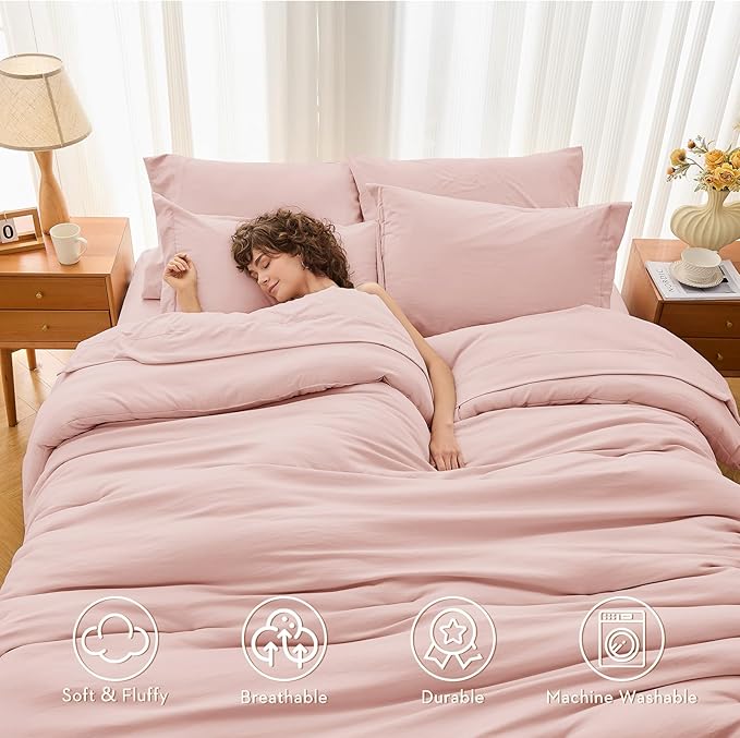 MUXHOMO 7 Pieces Full Comforter Set, Soft Bed in a Bag Full Size, All Season Bedding Set with Comforter, Flat Sheet, Fitted Sheet, Pillowcases & Shams, Pink