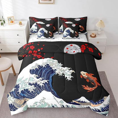 Erosebridal Koi Fish Bed in a Bag 7 Piece,Ukiyo-E Theme Comforter Set Twin,Abstract Sea Wave Decor Down Comforter,Japanese Style Fitted Sheet,Red Cherry Blsossoms Bedding Set with Pillowcase & Sham