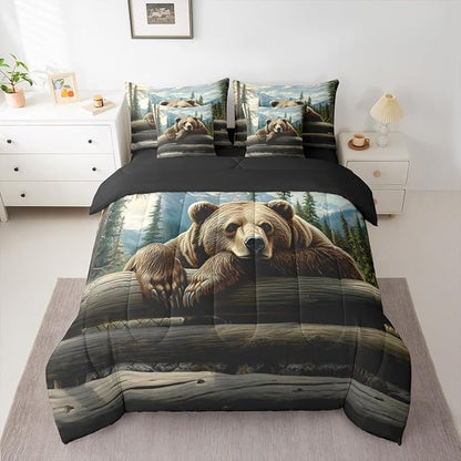 Erosebridal Nature Forest Bear 7 Piece Comforter Set King Size Wild Animals Forest Bedding Set for Child Boys Girls | Rustic Cabin Woodland Brown Bear Sheets Mountain Hunting Wildlife Duvet Insert