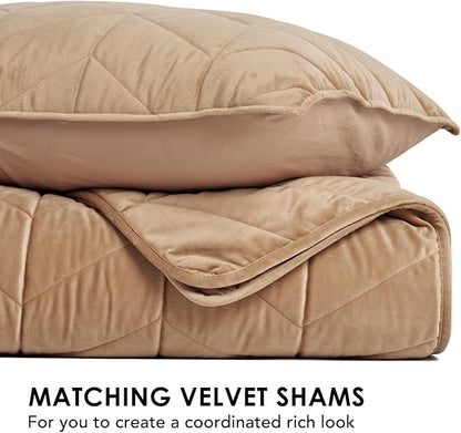 EVERGRACE 3 Pieces Luxurious Velvet King Quilts, Ultra Soft Lightweight Velvet Comforter Set, Matelasse Oversized Diamond Bedspread Coverlet for All Season with 2 Shams, Khaki Tan, 108"x96"