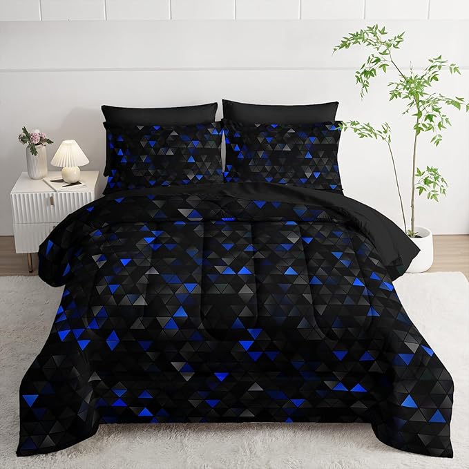 Geometric Blue Black Triangle Queen Size Comforter Set,Light Honeycomb Bedding Set 7 Piece in A Bag,Bed Sheet Set Geometry Decor,Microfiber Lightweight All Season