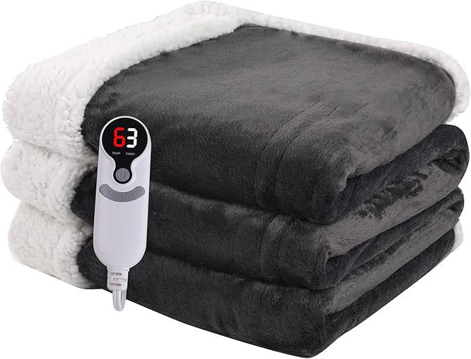 Heated Blanket Electric Throw Size 50''x60'' with 9 Heating Levels, 1-10 Hour Auto Shut Off, Machine Washable, Flannel & Sherpa Double-Sided Soft Warming Blanket for Couch, Bed, Office - Dark Grey