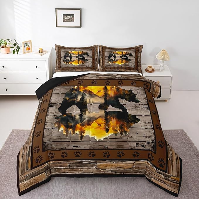 Feelyou Rustic Bear Bedding Set Wild Animal Hunt Comforter Set for Kids Boys Girls Pine Trees Retro Comforter Paw Print Quilt Set Bedroom Collection 2Pcs Twin Size