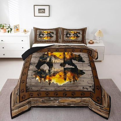 Feelyou Rustic Bear Bedding Set Wild Animal Hunt Comforter Set for Kids Boys Girls Pine Trees Retro Comforter Paw Print Quilt Set Bedroom Collection 2Pcs Toddler Size