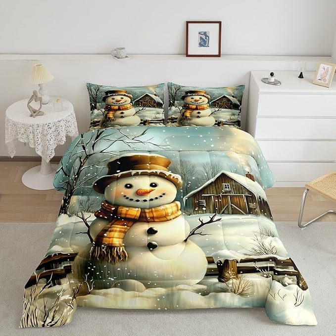 Cute Snowman Comforter Set Twin Size,Rustic Wooden Cabin Bedding Set 2Pcs for Kids Girls Boys Adult Room Decor,Vintage Style Winter Quilt Set Merry Christmas Duvet Insert,1 Pillowcase