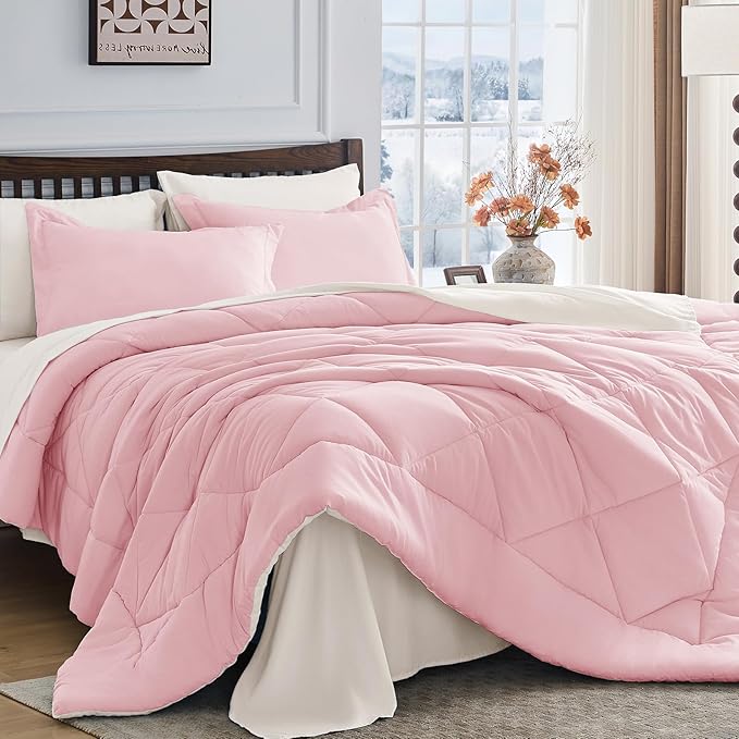 HEVUMYI King Comforter Set - 7-Piece All Season Bed in a Bag King, Ultra Soft Bedding Set with Comforter, Flat Sheet, Fitted Sheet, Pillowcases, Pillow Shams, Pink & Ivory