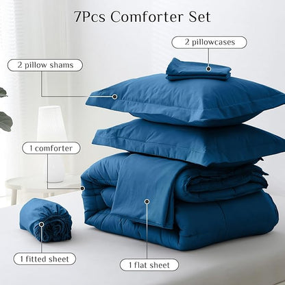JOLLYVOGUE Queen Comforter Set, Ultra-Soft Bed in a Bag Queen Size 7 Pieces, Oeko-TEX Certified Bedding Set with Down Alternative Comforter, Sheets, Pillowcases & Shams, Teal