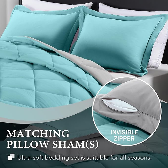 downluxe Queen Comforter Set - Turquoise and Grey Queen Comforter, Soft Bedding Sets for All Seasons -3 Pieces - 1 Comforter (88"x92") and 2 Pillow Shams(20"x26")