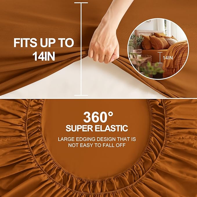 Burnt Orange Tufted Textured Comforter Set King Size, 7 Piece Bed in a Bag，Shabby Chic Boho Bedding for Bedroom Comforter，All Season Soft Microfiber Ruffle Comforter Set with Pillow and Sheets