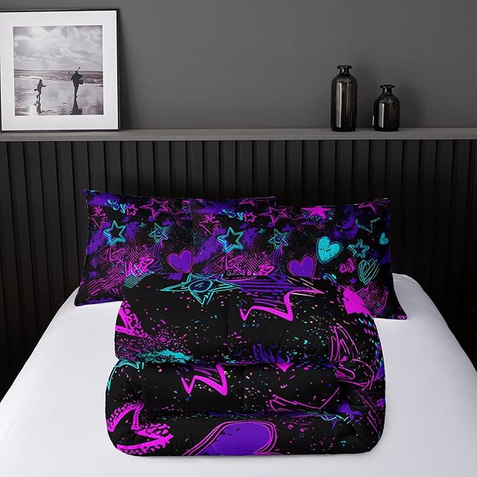 Purple Stars Comforter Set King Size,Galaxy Starry Printed Bedding Set,Purple Stars Room Decor with Soft and Lightweight Comforter and 2 Pillowcases