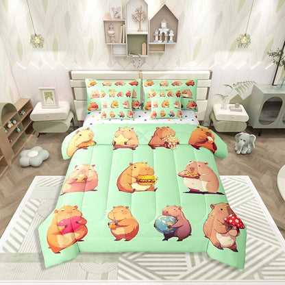 Erosebridal Funny Capybaras 7 Pieces Bedding Set Full,Capybara Lover Bed in a Bag,Cartoon Rodents Bed Set Includes Comforter,Sheet Set,Pillowcases & Pillow Covers,Green Khaki Capybara Bedroom Decor