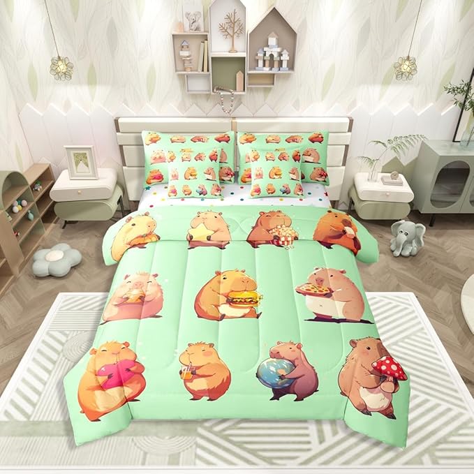 Erosebridal Funny Capybaras 7 Pieces Bedding Set King,Capybara Lover Bed in a Bag,Cartoon Rodents Bed Set Includes Comforter,Sheet Set,Pillowcases & Pillow Covers,Green Khaki Capybara Bedroom Decor