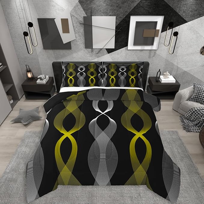 Erosebridal Black and Yellow Striped King Bedding Set, Modern Boho Abstract Stripes Comforter Set for Women Men Bedroom, Contemporary Geometric Wavy Lines Comforter, Gradient Aesthetic Stripe Quilt