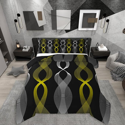 Erosebridal Black and Yellow Striped Toddler Bedding Set, Modern Boho Abstract Stripes Comforter Set for Women Men Bedroom, Contemporary Geometric Wavy Line Comforter, Gradient Aesthetic Stripe Quilt