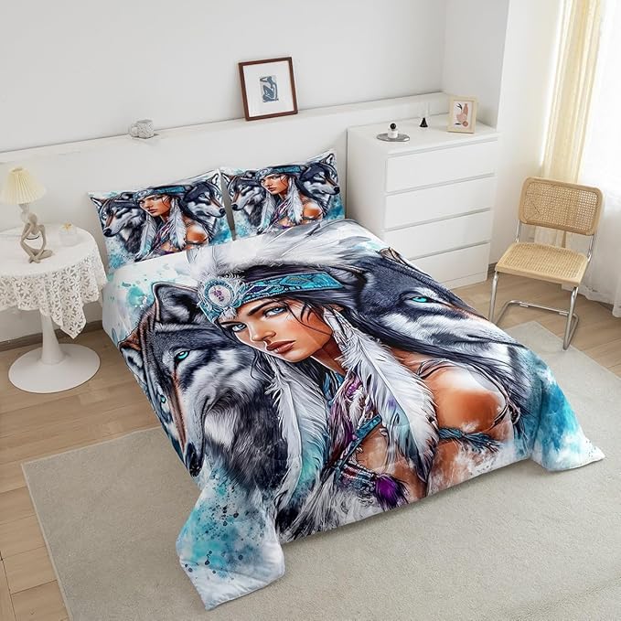 Erosebridal Indian Woman and Wolf Toddler Bedding Set,Hunting Wolf Comforter Set for Kids Boys Girls Bedroom Decor,Ethnic Tribal Boho Bed Set Wild Animal Bedding Comforter Sets,1 Pillowcase