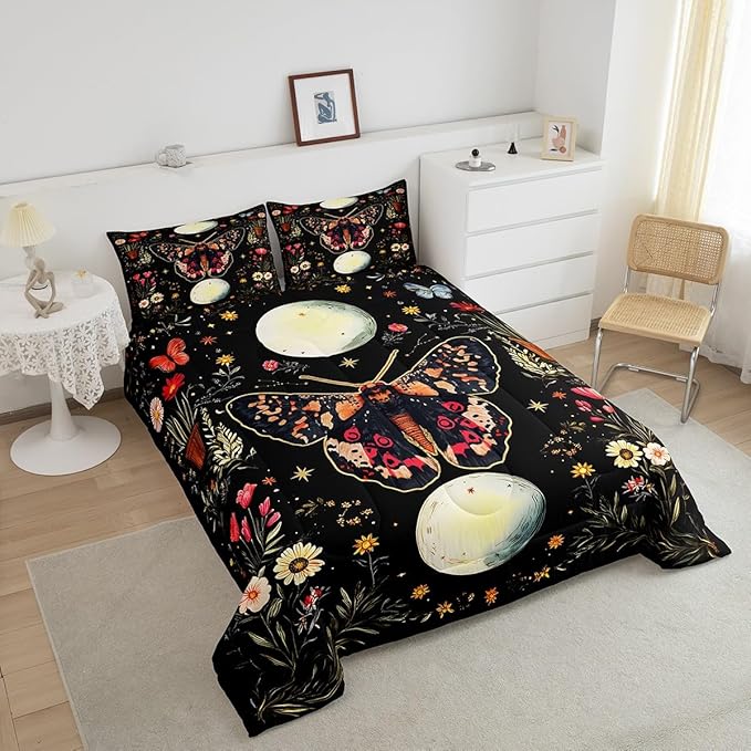 Erosebridal Adults Death Moth Queen Comforter Set, Gothic Moth Bedding Set Moon and Star Black Comforter for Kids Boys Girls Women Men Bedroom Decor, Boho Exotic Vintage Floral Butterfly Quilt