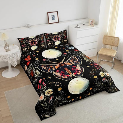 Erosebridal Adults Death Moth King Comforter Set, Gothic Moth Bedding Set Moon and Star Black Comforter for Kids Boys Girls Women Men Bedroom Decor, Boho Exotic Vintage Floral Butterfly Quilt
