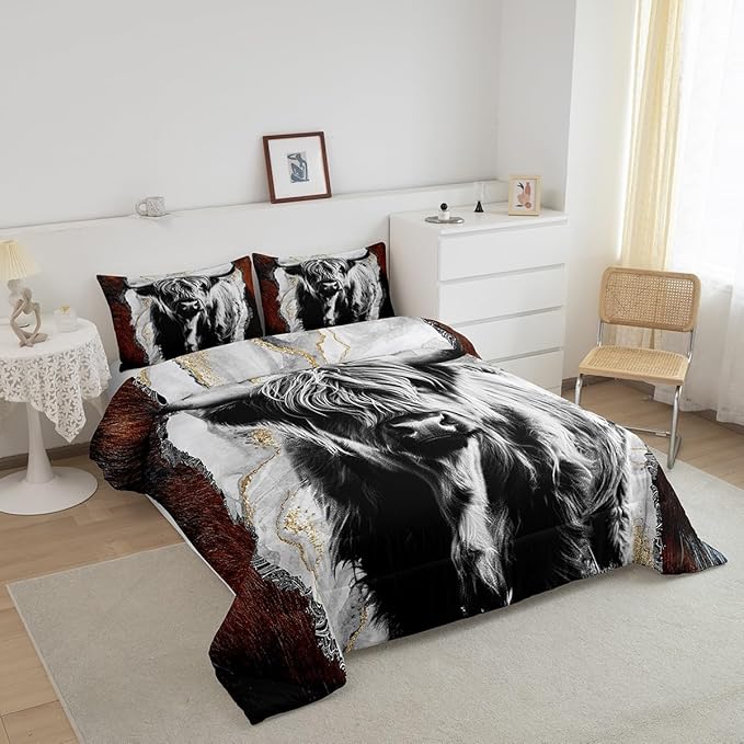 Erosebridal Highland Cow Comforter Set Bull Cattle Bedding Set,Gold Grey Marble Quilted Comforter for Kids Boys Men Wildlife Farmhouse Cow Fur Down Comforter Soft All Season Comforter Set Twin Size