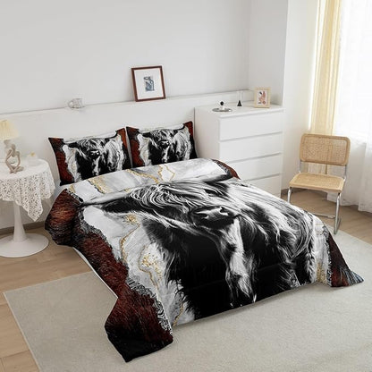 Erosebridal Highland Cow Comforter Set Bull Cattle Bedding Set,Gold Grey Marble Quilted Comforter for Kids Boys Men Wildlife Farmhouse Cow Fur Down Comforter Soft All Season Comforter Set Twin Size