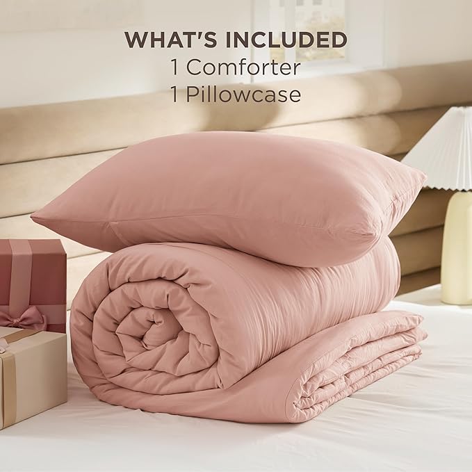Bedsure Twin/Twin XL Comforter Set, Blush Pink Prewashed Bedding for All Seasons, 2 Pieces GentleSoft™ Warm Down Alternative Bed Set, 1 Lightweight Comforter (68"x88") and 1 Pillowcase (20"x26")