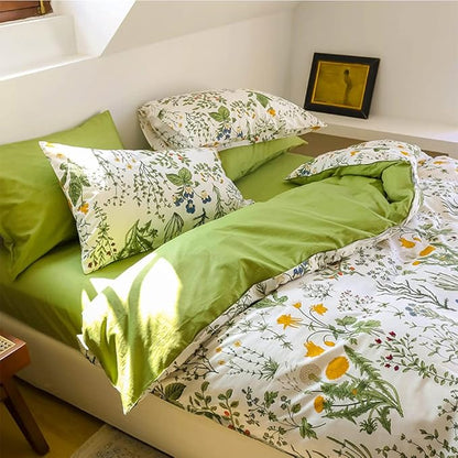 CLOTHKNOW Green White Floral King Size Comforter Set 3Pcs Farmhouse Bedding Comforter Sets Boho Flowers Botanical Comforters