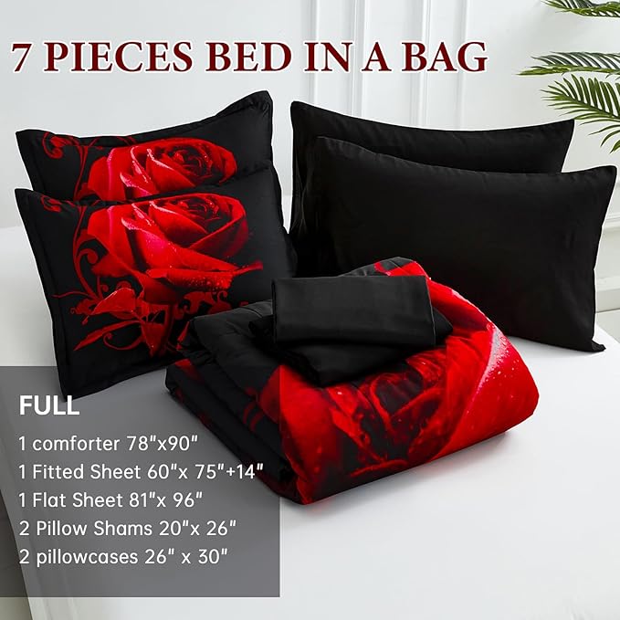 WONGS BEDDING Red Comforter Set Full, 7 Pieces Reversible Red Rose Pattern Lightweight Soft Microfiber Bedding Set for All Seasons with Comforter, Flat Sheet, Fitted Sheet, Pillowcases & Shams