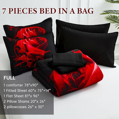 WONGS BEDDING Red Comforter Set Full, 7 Pieces Reversible Red Rose Pattern Lightweight Soft Microfiber Bedding Set for All Seasons with Comforter, Flat Sheet, Fitted Sheet, Pillowcases & Shams