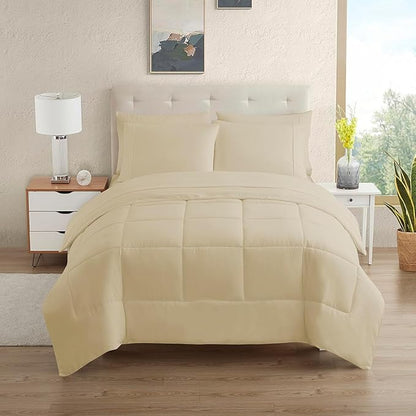 King Size Comforter Set with Sheets - 7-Piece Bedding Collection - 1 Comforter, 1 Fitted Sheet, 1 Flat, 4 Pillowcases - Deep Pocket - Soft & Breathable Premium Quality - Ideal for All Seasons, Beige