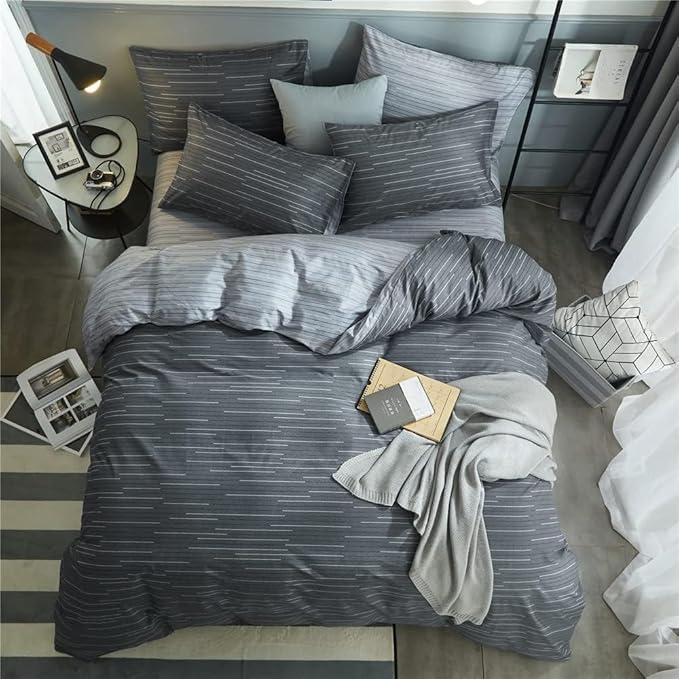 mixinni Full Size Comforter Set for Teen Modern Geometric Boys Grey Striped Printed Comforter Set Men Boys for All Season, 1 Soft Fluffy Comforter and Two Pillowcases-Full Size