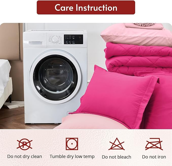 MUXHOMO 5 Pieces Twin Comforter Set, Reversible Bed in a Bag Twin Size, All Season Bedding Set with Comforter, Flat Sheet, Fitted Sheet, Pillowcases & Shams, Hot Pink & Baby Pink