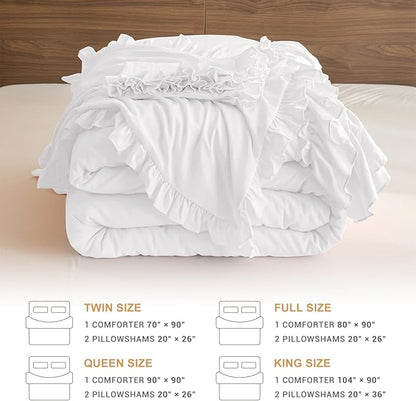 Masaca Ruffle Twin Comforter,Shabby Boho Chic Netural White Ruffled Comforter Set 3 Pieces Farmhouse Rustic French Country Kids Twin Bedding Sets Ultra Soft