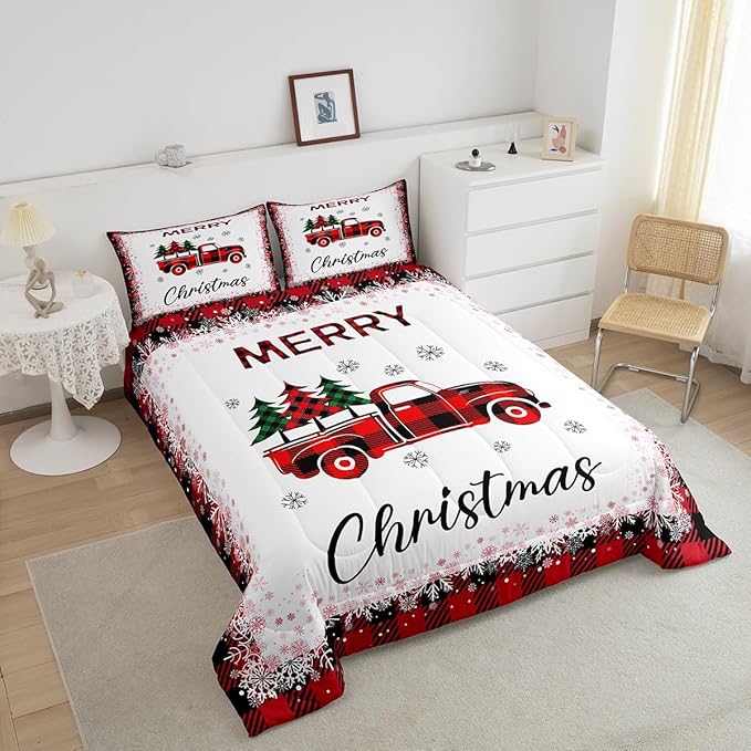 Christmas Truck Pine Tree Comforter Set Twin Size for Kids Girls Boys,Merry Christmas Bedding Set White Black Red Snowflake Patchwork Plaid Quilt Set Geometric Grid Duvet Insert,1 Pillowcase