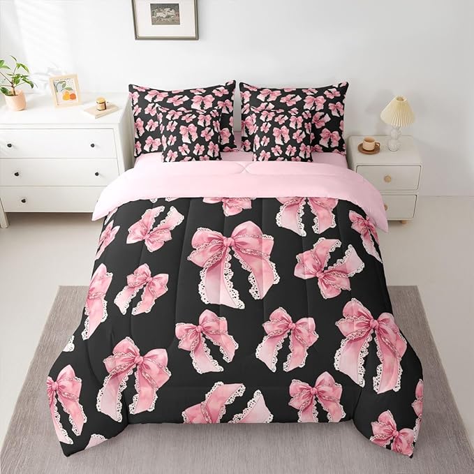 Erosebridal Black Pink Bow Girls Cute Y2K King 7-Piece Comforter Set | Bowknot Kawaii Sheets and Pillowcases Lace Princess Bed in A Bag Dreamy Bed Sets
