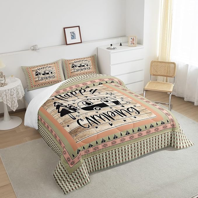 Feelyou Camper Comforter Set Full Size Kids Happy Camping Comforter for Boys Southwestern Camper Accessories for Travel Trailers Wood Grain Vinatge Bedding Set Orange Tree Duvet Set