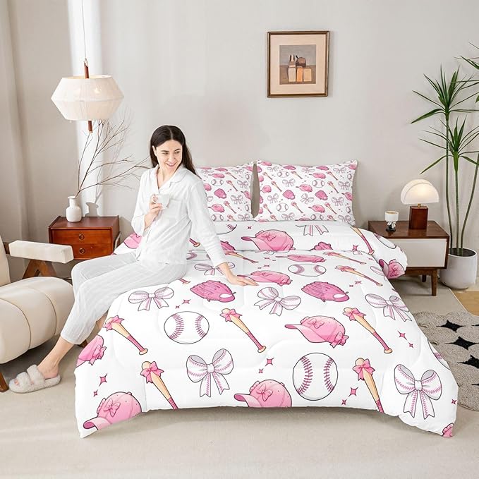 Baseball Bow Comforter Set Queen Size,Pink Bowknot Bedding Sets 3Pcs for Kids Girls Boys Women Room Decor,Baseball Bat and Cap Quilted Duvet Cute Girly Sports Down Comforter,2 Pillowcases